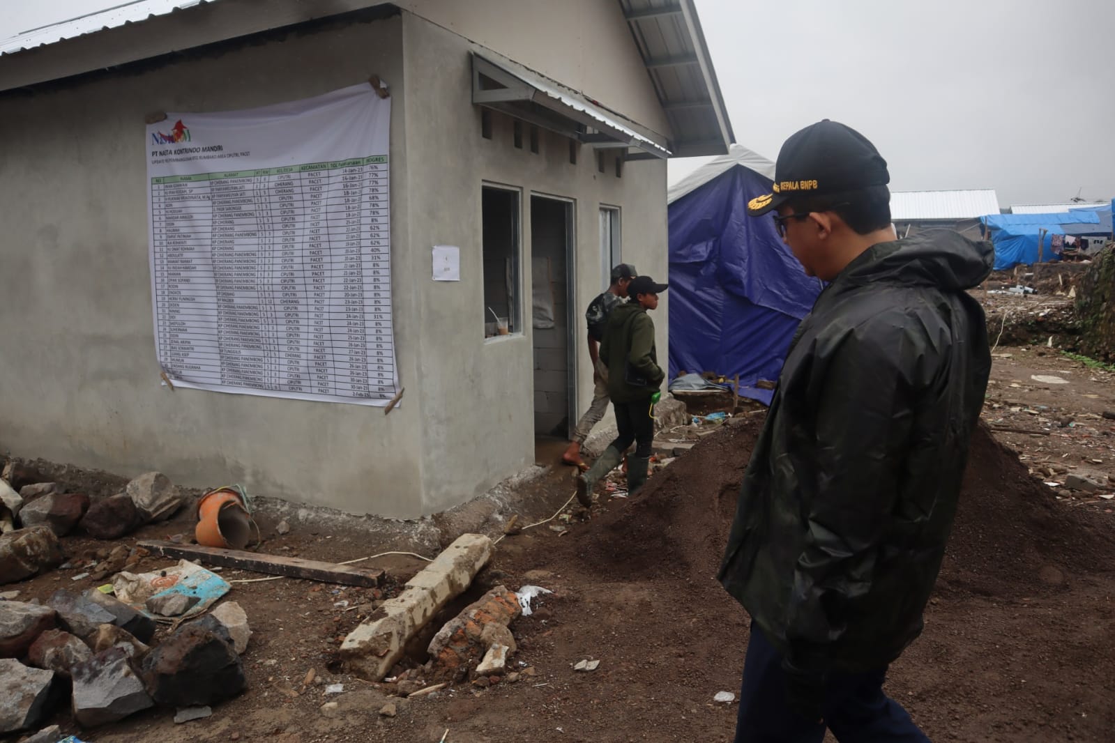 Kepala BNPB Letjen TNI Suharyanto  (jaket hitam) melihat rumah insitu type 36 bagi warga terdampak gempa di Desa Ciputri, Kecamatan Pacet, Kabupaten Cianjur, Jawa Barat pada Jumat (17/2).